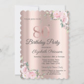 Invitation Chic Rose Floral Rose Gold 80e fête d'anniversaire (Devant)