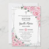 Invitation Chic rose Floral Roses Argent Baptême Christening (Devant)