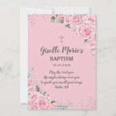 Invitation Chic rose Floral Roses Argent Baptême Christening (Dos)