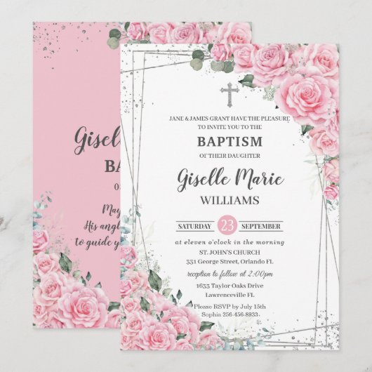 Invitation Chic rose Floral Roses Argent Baptême Christening (Devant / Derrière)