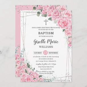 Invitation Chic rose Floral Roses Argent Baptême Christening