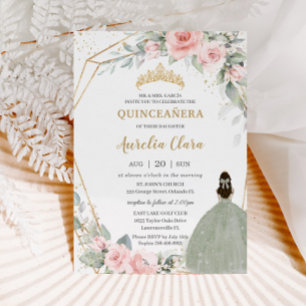 Invitation Chic rose Floral Sage Vert Princesse Quinceañera