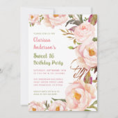 Invitation Chic Rose Floral Sweet 16 Anniversaire (Devant)