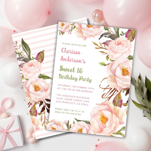 Invitation Chic Rose Floral Sweet 16 Anniversaire
