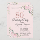 Invitation Chic rose florale 80e anniversaire fête (Devant / Derrière)