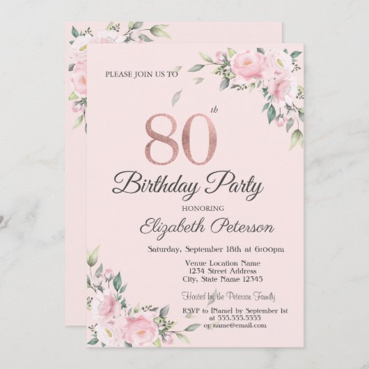 Invitation Chic rose florale 80e anniversaire fête (Devant / Derrière)