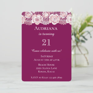 Invitation Chic rose foncé dentelle florale Anniversaire