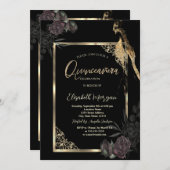 Invitation Chic Rose foncé Gold Frame Black Quinceañera (Devant / Derrière)