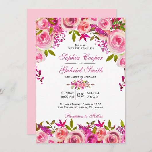 Invitation Chic rose Fuchsia Rose Mariage botanique (Devant / Derrière)