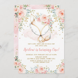Invitation Chic Rose Girl Fox Baby 1er anniversaire Woodland