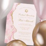 Invitation Chic Rose Gold Agate Bat mitzvah Party Personnalis<br><div class="desc">Une agate rose et or chic orne le côté de cette belle cérémonie Bat mitzvah féminine et l'invitation à la fête. Le nom de votre fille est écrit dans une belle écriture formelle sous l'Étoile de David. Parfait pour une famille juive élégante célébrant une fille appelée à la Torah.</div>