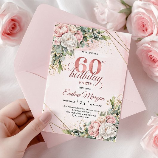 Invitation Chic Rose Gold Blush Pink Floral 60th Birthday