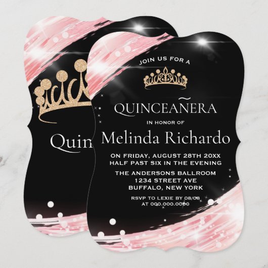 Invitation Chic Rose Gold Crown Quinceanera Party (Devant / Derrière)