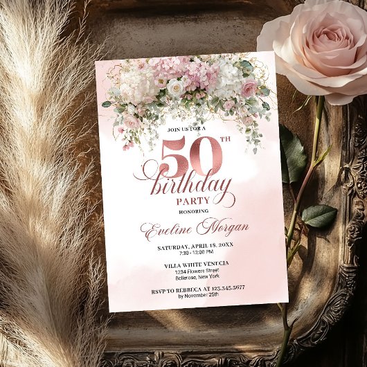 Invitation Chic Rose Gold Eucalyptus 50th Birthday Celebrate