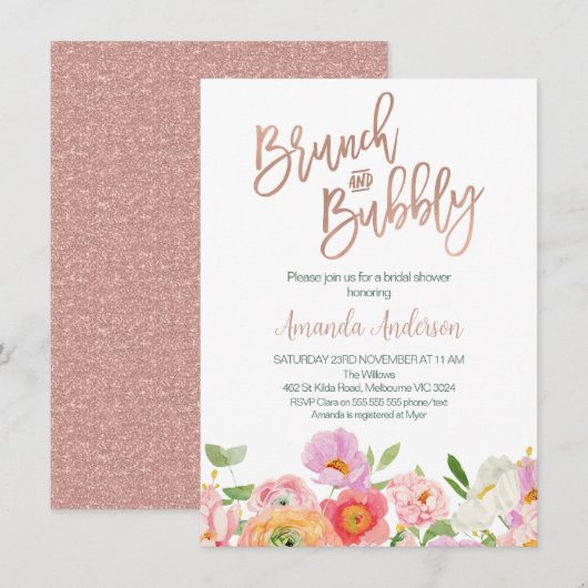 Invitation Chic Rose Gold Floral Brunch Fête des mariées Bubb (Devant / Derrière)