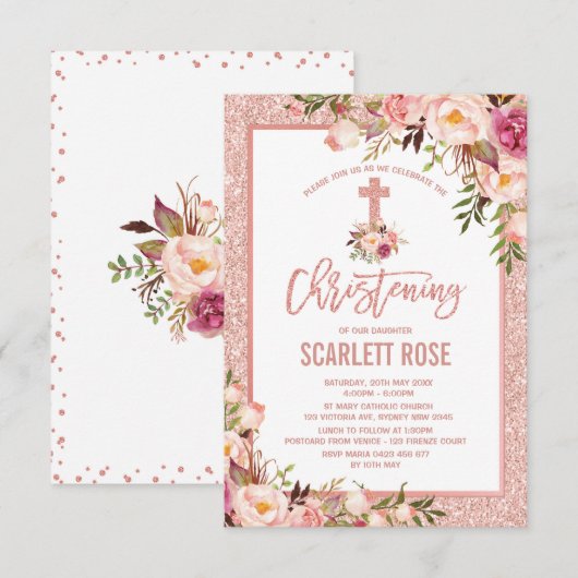 Invitation Chic Rose Gold Floral Christening bébé fille (Devant / Derrière)