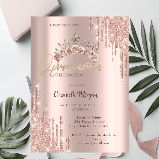 Invitation Chic Rose Gold Floral Crown Drops Quinceañera