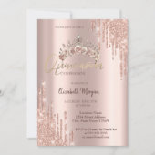 Invitation Chic Rose Gold Floral Crown Drops Quinceañera (Devant)