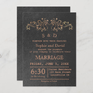Invitation Chic Rose Gold Flourish Swirl Black Wedding Invita