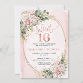 Invitation Chic Rose Gold Flowers and Greenery Sweet Sixteen (Devant)