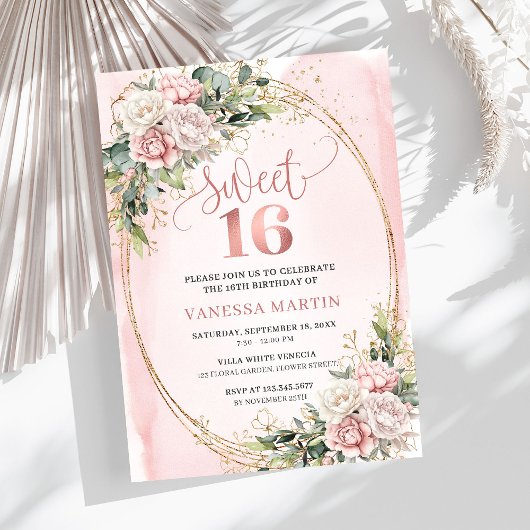 Invitation Chic Rose Gold Flowers and Greenery Sweet Sixteen