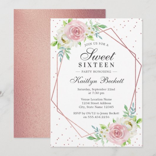 Invitation Chic Rose Gold Foil Floral Sweet 16 Anniversaire (Devant / Derrière)
