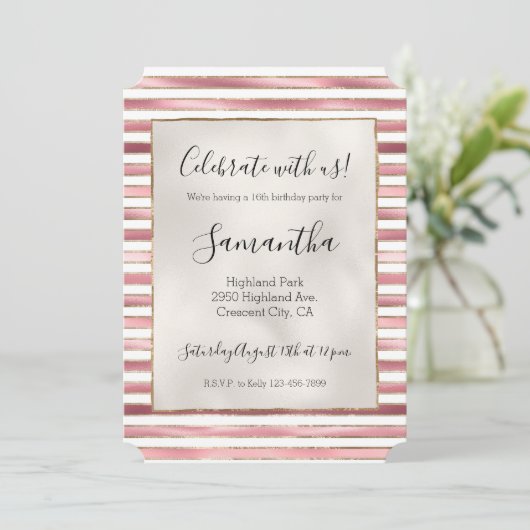 Invitation Chic Rose Gold Glam Blanc Rayures (Debout devant)
