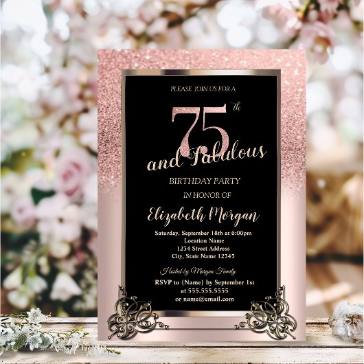 Invitation Chic Rose Gold Glitter Ombre 75th Birthday Party