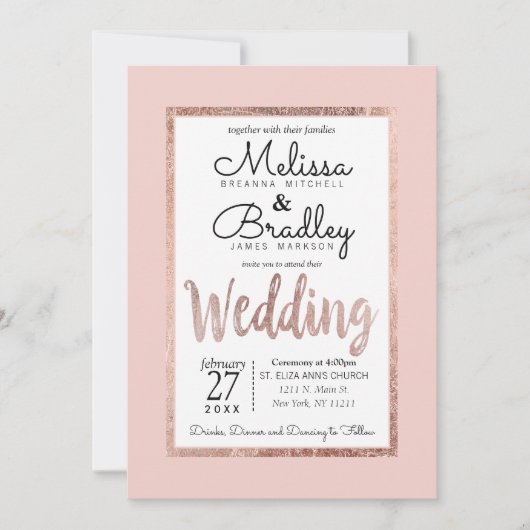 Invitation Chic Rose Gold Outline Blush Pink Mariage (Devant)