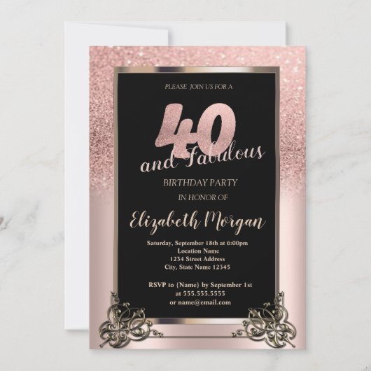 Invitation Chic Rose Gold Parties scintillant Ombre 40e fête  (Devant)