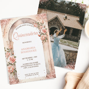 Invitation Chic Rose Gold Quinceañera Roses Floral Arch Photo