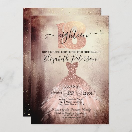 Invitation Chic Rose Gold Robe Confetti 18e anniversaire (Devant / Derrière)