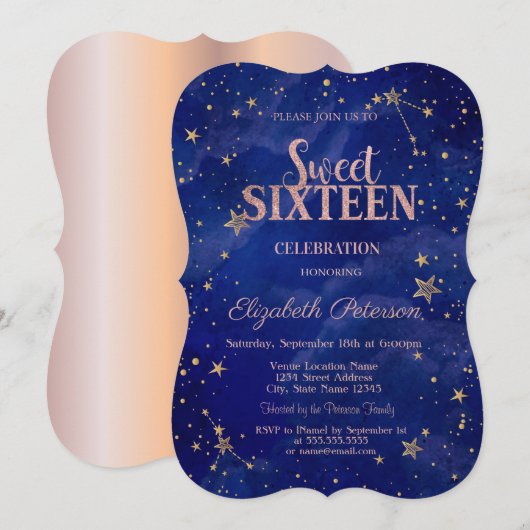 Invitation Chic Rose Gold Stars Marine Blue Sweet 16 (Devant / Derrière)