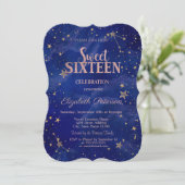 Invitation Chic Rose Gold Stars Marine Blue Sweet 16 (Debout devant)