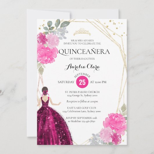 Invitation Chic rose magenta Floral géométrique Quinceañera (Devant)