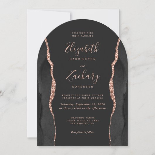 Invitation Chic Rose noir Or Agate Arc foncé Mariage (Devant)