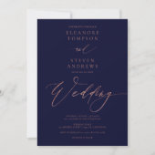 Invitation Chic rose or calligraphie luxe marine bleu mariage (Devant)