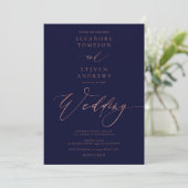 Invitation Chic rose or calligraphie luxe marine bleu mariage (Debout devant)