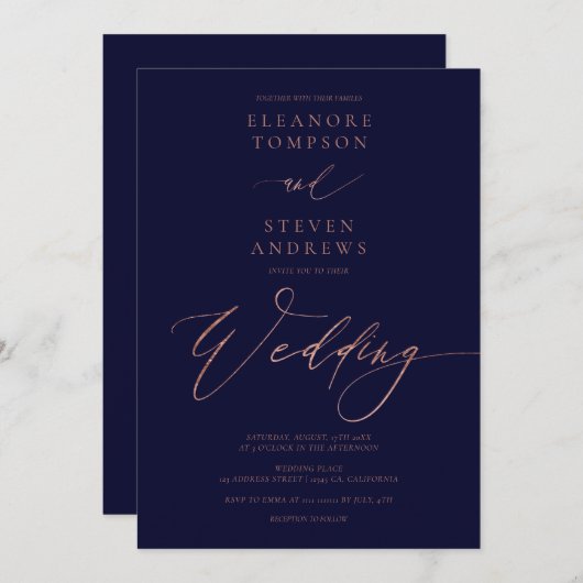 Invitation Chic rose or calligraphie luxe marine bleu mariage (Devant / Derrière)