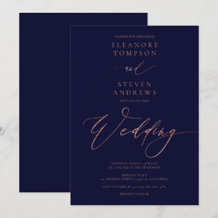 Invitation Chic rose or calligraphie luxe marine bleu mariage