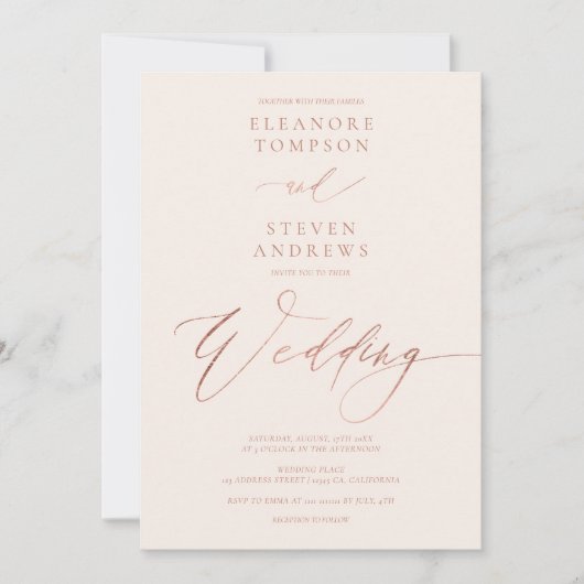 Invitation Chic rose or calligraphie pastel blush mariage (Devant)