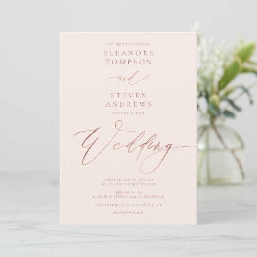 Invitation Chic rose or calligraphie pastel blush mariage (Debout devant)