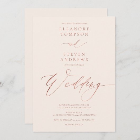Invitation Chic rose or calligraphie pastel blush mariage (Devant / Derrière)