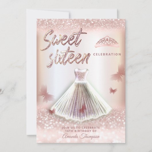 Invitation Chic Rose or gliterie robe papillon tiara (Devant)