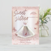 Invitation Chic Rose or gliterie robe papillon tiara (Debout devant)