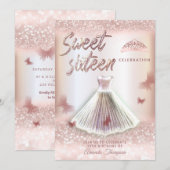 Invitation Chic Rose or gliterie robe papillon tiara (Devant / Derrière)