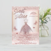 Invitation Chic Rose or gliterie robe papillon tiara (Debout devant)