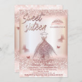 Invitation Chic Rose or gliterie robe papillon tiara (Devant / Derrière)