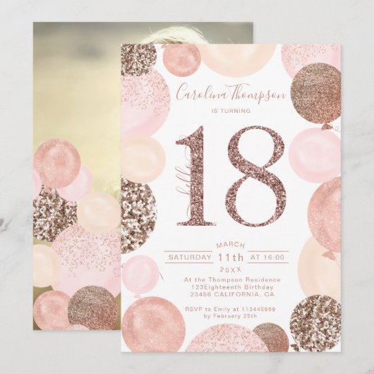 Invitation Chic rose or parties scintillant ballon rose  phot (Devant / Derrière)