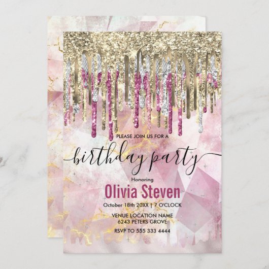 Invitation Chic rose or parties scintillant gouttes monogramm (Devant / Derrière)